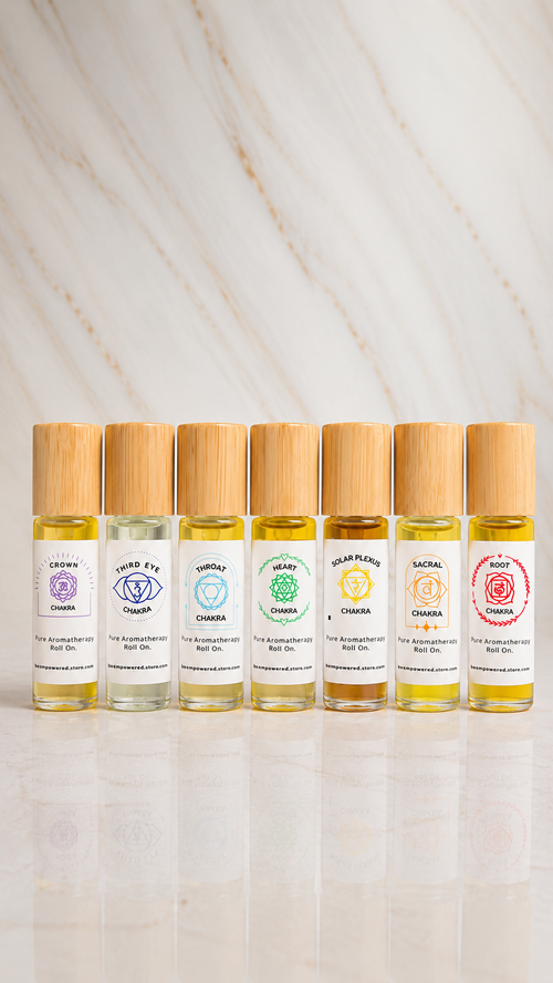 The seven chakra roll-on blends displayed together