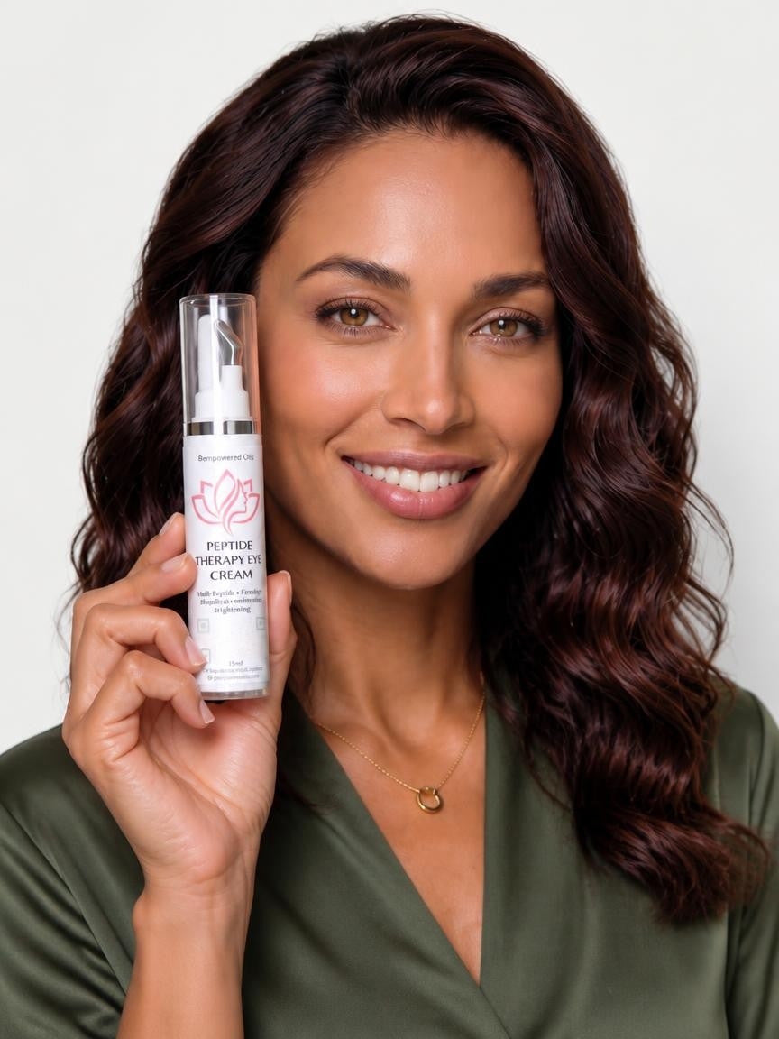 Promotional portrait holding Peptide Therapy Eye Cream