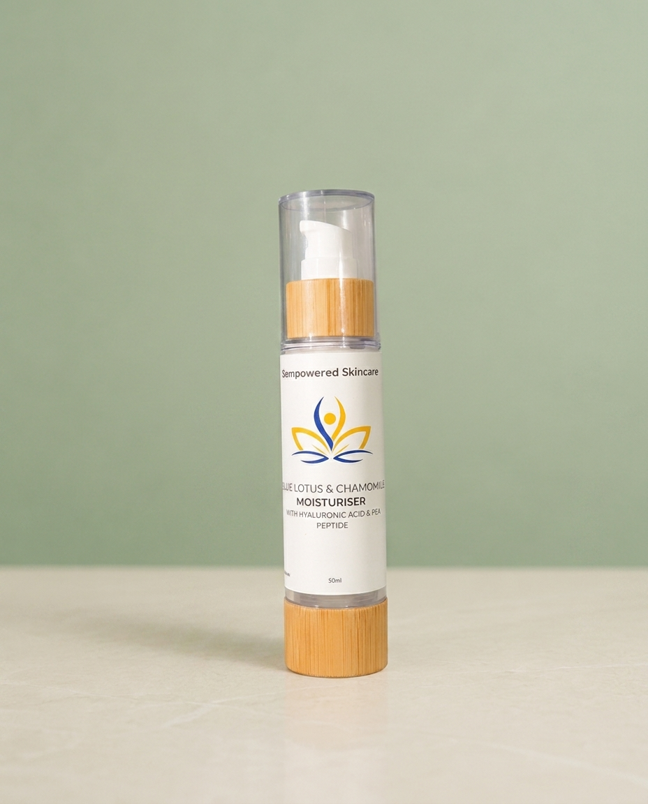 Blue Lotus & Chamomile Face Cream on sage background
