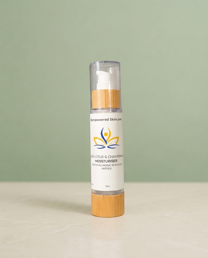 Blue Lotus & Chamomile Face Cream on sage background