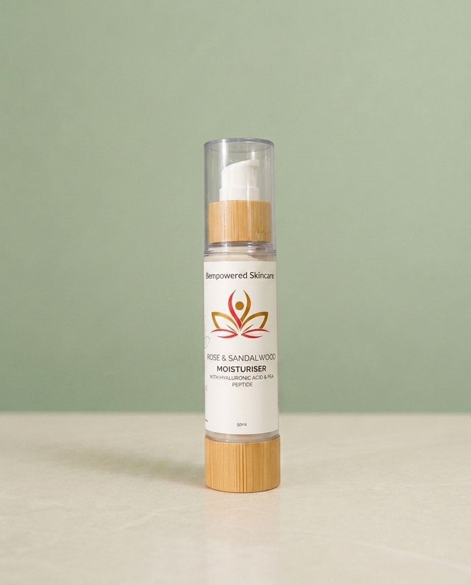 Rose & Sandalwood Face Cream on sage background